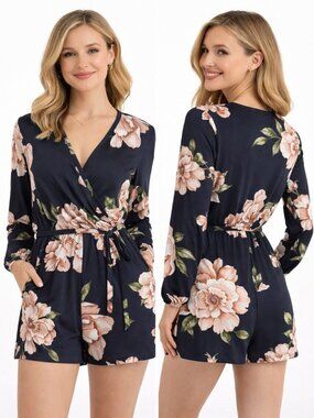 Navy Blue Floral Romper Ups and Downs Size Small